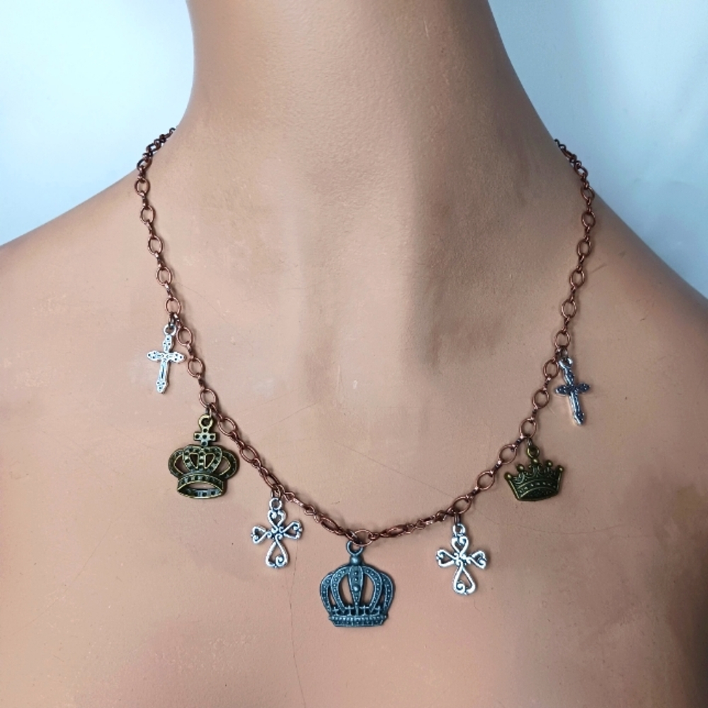 Mixed Metal Necklace with Crowns with Crosses.